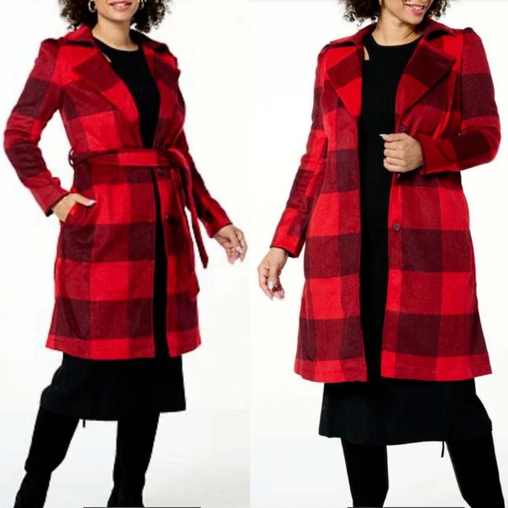 G by Giuliana Black Label Red Buffalo Plaid Trench Coat NEW size S